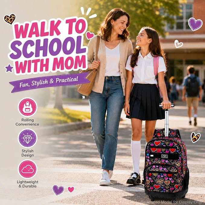3Pcs Rolling Backpack for Girls Women, Leopard print Travel Roller Backpacks with Wheels for Adults, Teens College Wheeled Bookbag with Lunch Box(Brown)