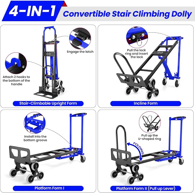 4-in-1 Hand Truck Dolly Heavy Duty Industrial Convertible, 1000 LBS Stair Climbing Cart Utility Cart Converts from Hand Trucks Dolly to Platform Cart Folding Stair Climbing Cart (Blue)