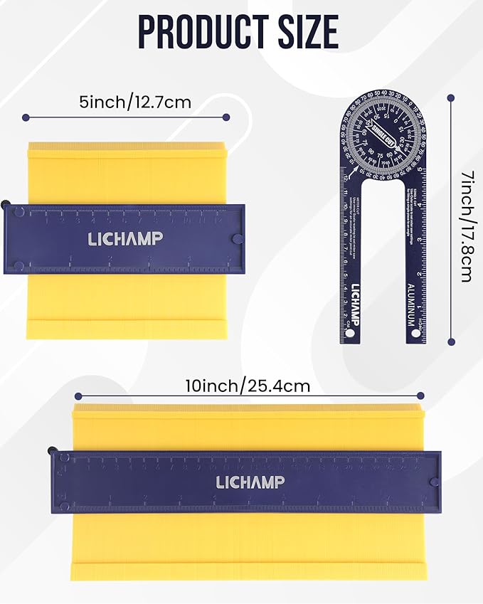 Lichamp Contour Gauge Profile Tool 5" 10" with Miter Saw Protractor Angle Finder 7", Super Gauge Shape and Outline Tool with Aluminum Miter Cut Protractor