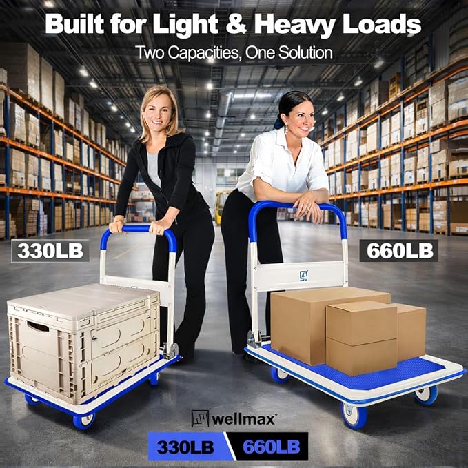 Push Cart Dolly by Wellmax, Moving Platform Hand Truck, Foldable for Easy Storage and 360 Degree Swivel Wheels with 330lb Weight Capacity, Blue Color
