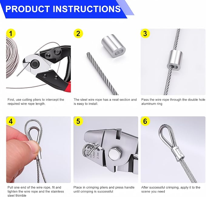 Twidec/Wire Rope Crimping Tool Up To 2.2mm With 240PCS 1/16''Aluminum Crimping Loop Sleeve And 165FT 1/16'' 304 stainless steel Wires Rope 20PCS Wire Thimbles And Wire Rope Cable Cutter Kit