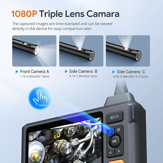 DEPSTECH DS520 Triple Lens Sewer Inspection Camera with 50FT Semi-Rigid Cable,DS650 DEPSTECH 210° Two-Way Articulating Borescope Tool, Industrial Endoscope Camera with Lights, 0.24in Slim Probe