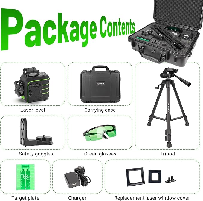Huepar 360 Laser Level with Tripod, Self-Leveling Green Lazer Leveler Tool | 60-inch Drop Protection, Premium Storage Case, Full Accessory Set, Pulse Mode, Brightness Adjustment, Green Glasses
