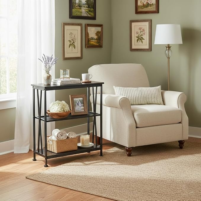 Narrow Side Table,3-Tier End Table With Storage Shelves,Small Hallway Table, Industrial Accent Table With Metal Frame Slim Nightstand Sofa Side Table for Small Spaces,Living Room, Bedroom,Black