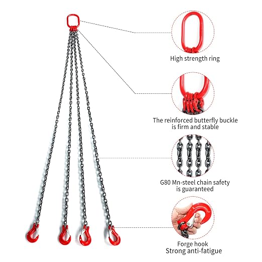 Pindex 1/4 Inch X 5 Ft Chain Slings for Lifting, G80 Alloy Steel Lifting Sling Hoist 3 Ton with 4 Leg Grab Hooks, 5 Feet