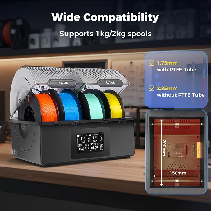 Sovol Filament Dryer 4 Spools, SH03 Dry Box with 85℃ Max Temp, Sealed Filament Storage Box with Auto Dehumiditification, Dual Independent Heating Chambers for PLA PETG ABS TPU ASA PC PA 1.75/2.85mm