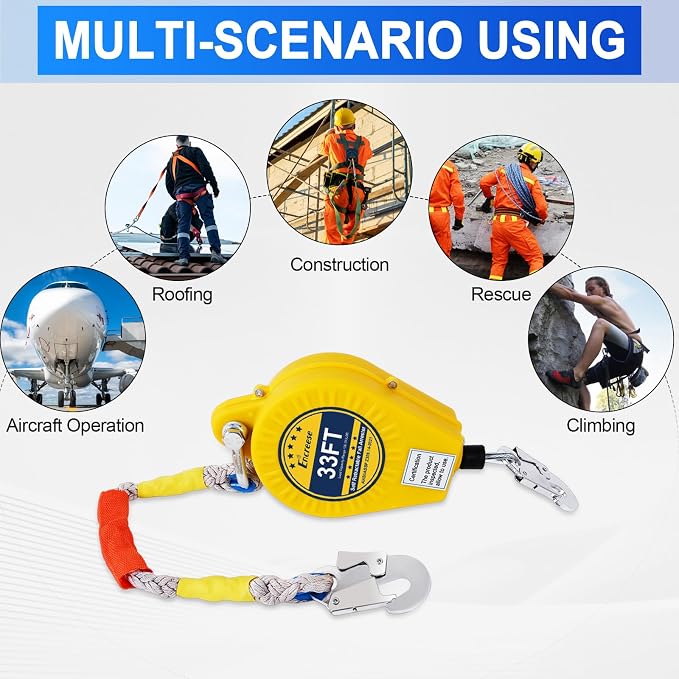 Self Retractable Lifeline Fall Protection Arrester 33FT Double Locking Roofing Safety Rope Lanyard Fall Arrest Gear, Dual Alloy Steel PPE shell Heavy Duty Hook Cable Wire