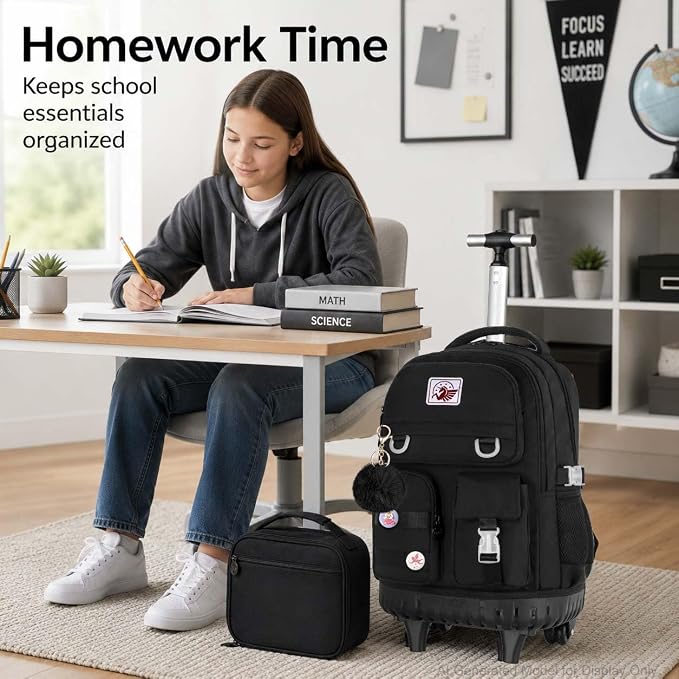 CCJPX Rolling Backpack for Girls Women, 21 inch Roller Wheels School Bookbag, Wheeled Suitcase Backpacks with Lunch Bag for Teen - Black