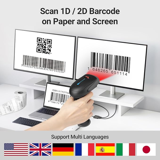 Tera Barcode Scanner Wireless 1D 2D QR with Stand: Battery Level Indicator 3 in 1 Works with Bluetooth 2.4G Wireless USB Wired Handheld Bar Code Reader with Vibration Alert HW0002 Grey