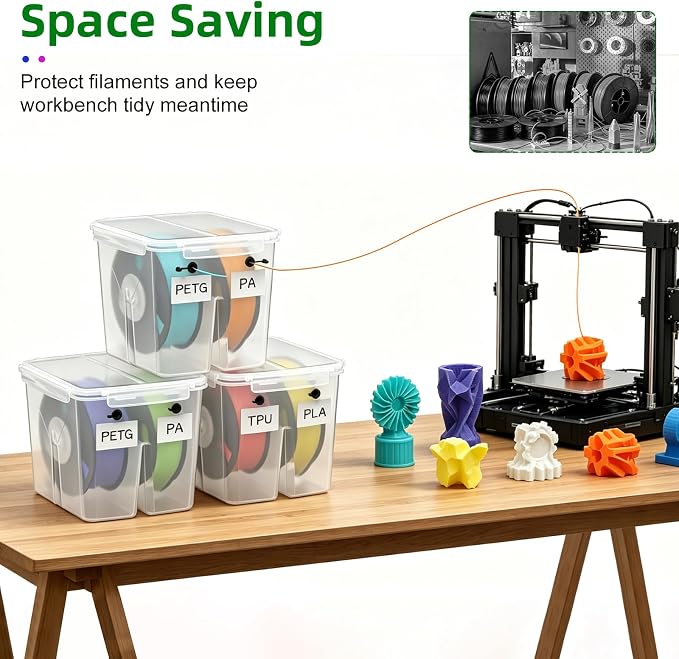Filament Storage Box with Center Holder - Airtight Filament Storage Container with Labels for 1KG 1.75mm PLA ABS PETG TPU PA, 3D Printing Filament Storage Box with Dual Cable Ports (3 Pack)
