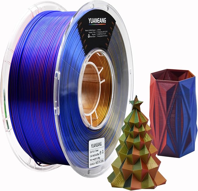 Triple-Color PLA Filament 1.75mm Red-Gold-Blue, ±0.03mm Precision, 1kg Spool (2.2 lbs), Smooth Multi-Tone Gradient PLA, Neatly Wound & Compatible with Most 3D Printers