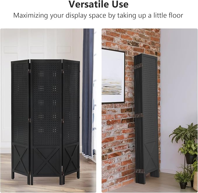 VINGLI Freestanding Pegboard with Support Feet, 5 FT Wood Room Divider Display Board Organizer, Folding Privacy Screen Partition Space Separator for Craft Shows Events Retail (Black, 6 Panel)