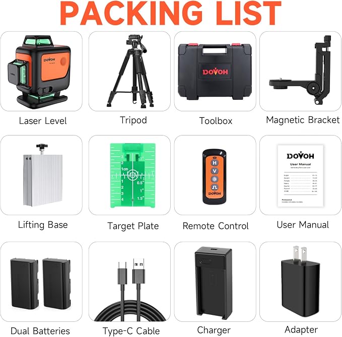 DOVOH 4D Laser Level 360 Self Leveling with Tripod, Y4-360G-KIT | Dual Batteries, Pulse Mode, Hard Toolbox, Green Beam, 4 Plane, For Construction, Flooring, Tiling, Ceiling