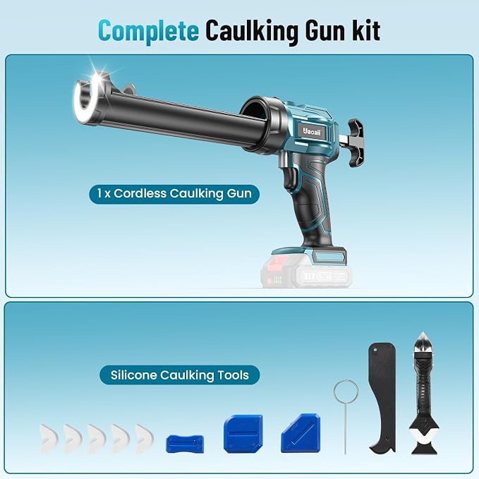 Electric Caulking Gun Compatible with 18V Makita Battery, 10 oz Cordless Caulk Gun with Caulking Tools-3 in 1 for Filling/Sealing, 4 Adjustable Speeds, LED Light(Battery Not Included)