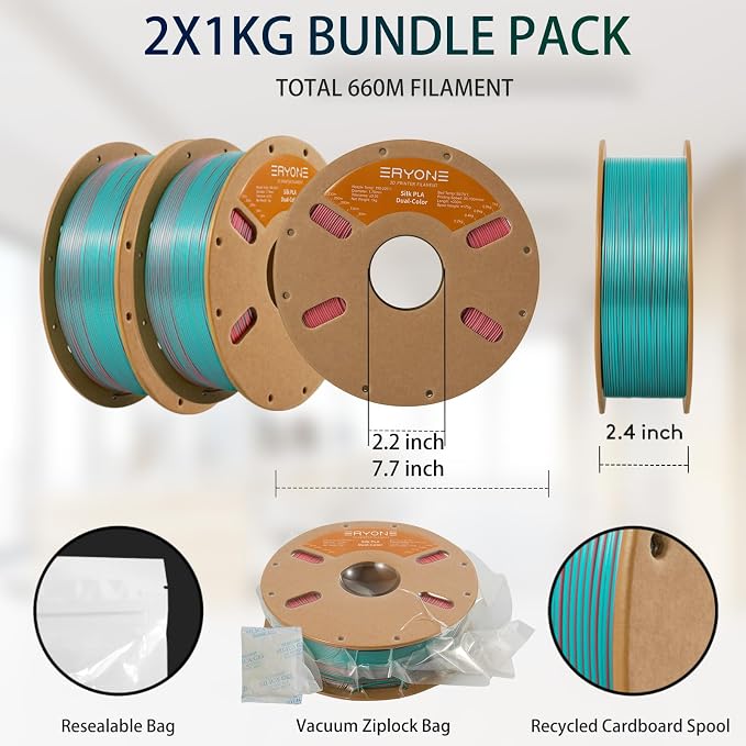 ERYONE Silk Dual Color PLA Filament 3D Printer 1.75mm +/- 0.03mm, Bicolor Filament Two Tone PLA Bundle 2KG Cardboard Spool, Teal&Orange Red