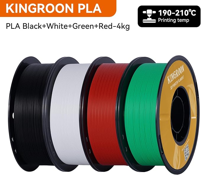 Kingroon PLA 3D Printer Filament, Dimensional Accuracy +/- 0.02 mm, 1 kg Spool(2.2lbs), 1.75 mm, 4KG Black+White+Green+Red