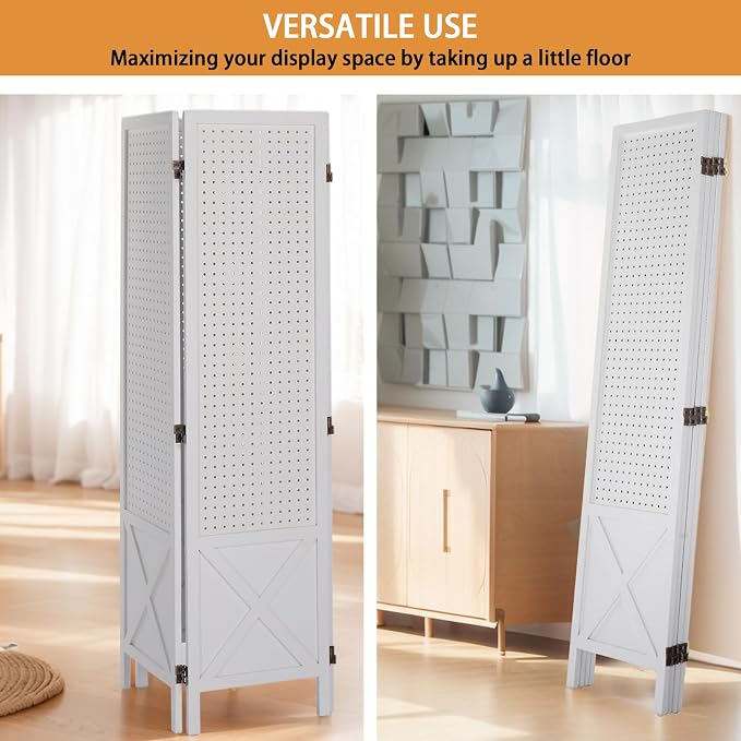 VINGLI Freestanding Pegboard with Support Feet, 5 FT Wood Room Divider Display Board Organizer, Folding Privacy Screen Partition Space Separator for Craft Shows Events Retail (White, 4 Panel)
