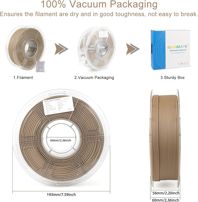 iSANMATE Wood PLA Filament 1.75mm, Real Wood Fiber Added 3D Printer Filament, Light Wood Fits for Most FDM 3D Printers 1kg/Spool
