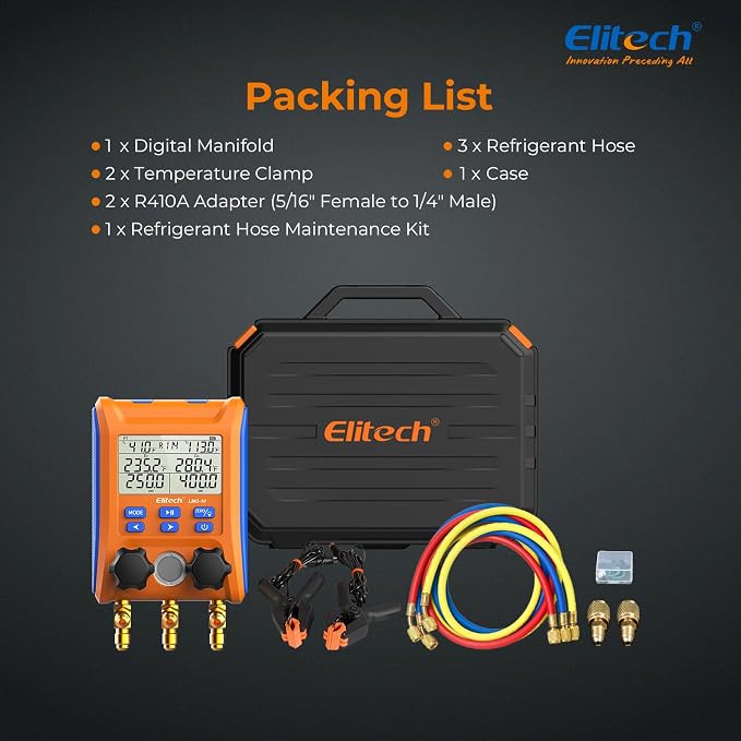 Elitech LMG-10Plus 2-Way Digital Manifold, HVAC Refrigerant Pressure Gauge for Superheat/Subcooling, with Temp Clamps and R410A Adapter, Supports 88 Refrigerants