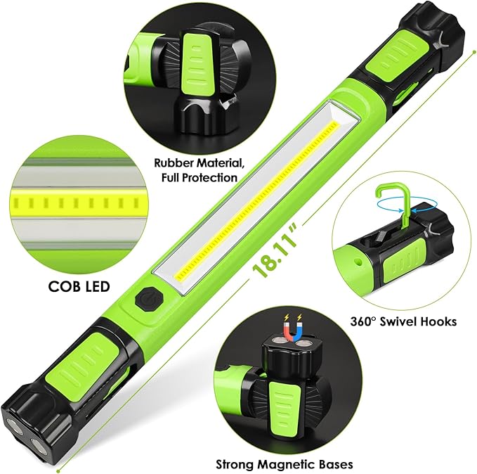 Ropelux Mechanic Work Light Bar with 2500LM 5200mAh Battery, Green 2 Pcs | 2-Level Brightness, 7500K Cool White, 4-10 Hours Runtime, Magnetic Bases, Hooks, 360° Rotating, Rechargeable, Tool Gift