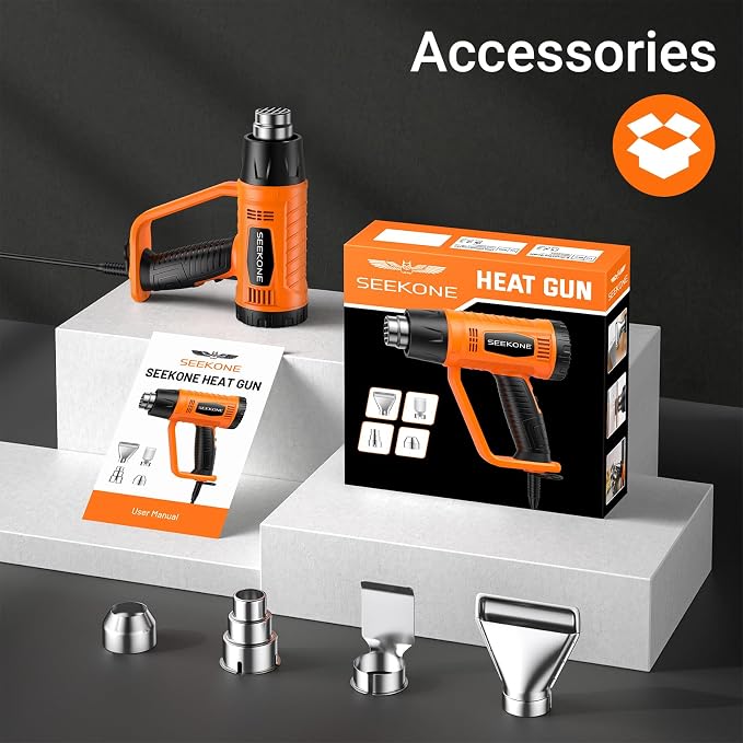 SEEKONE Heat Gun 1800W Heavy Duty Fast Heat Hot Air Gun Kit with 752℉&1112℉(400℃-600℃) Dual-Temperature Settings and 4 Nozzles with Overheat Protection for Crafts, Shrinking PVC, Stripping Paint