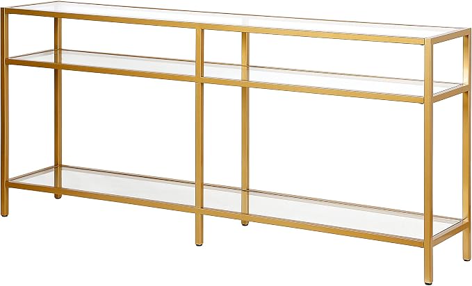 Henn&Hart 64" Wide Rectangular Console Table in Brass, Entryway Table, Accent Table for Living Room, Hallway | Glass shelves with extra long design provide open display and storage for living rooms, entryways, hallways, and offices