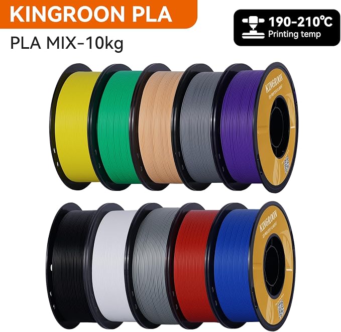 Kingroon PLA 3D Printer Filament, 10 Rolls, Dimensional Accuracy +/- 0.02 mm, 10kg Spool(22lbs), 1.75 mm,Black White Grey Red Blue Green Purple Skin Silver Yellow