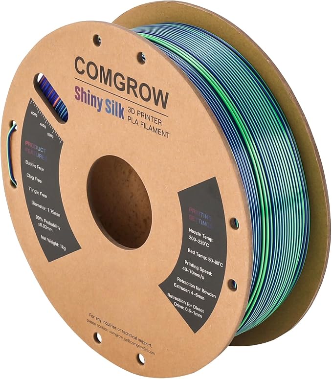 Comgrow Tri-Colors Silk PLA 3D Printer Filament, Rainbow PLA Filament 1.75mm, Dimensional Accuracy +/- 0.02 mm, 1KG Spool, Coextrusion 3D Filament with Shiny Silk Blue-Green-Orange