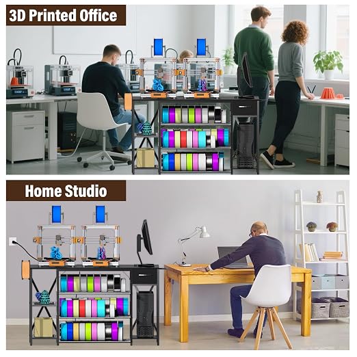 3D Printer Stand with Charging Station,Large 4-Tier 3D Printers Table with Holds 60+ Filament Storage and Storage Drawer,Filament Rack,Heavy Duty 3D Printer Desk for Workshop,Office and Garage,Black