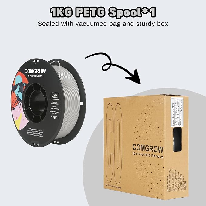 Comgrow PETG 3D Printer Filament 1.75mm, High Precision and Tough 3D Printer Filament 1kg (2.2LBS), Dimensional Accuracy +/- 0.02 mm, Fit Most 3D Printers Grey