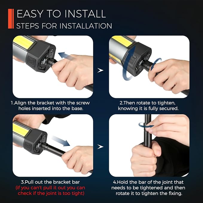 Rechargeable Work Light with Stand, Magnetic Base, Hook & Tripod (Small) | 6000mAh battery, Telescopic tripod,Magnetic base, Hanging hook, 3 metal floor spikes, Storage bag, Camping