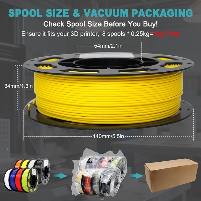 1.75mm PLA + Filament 8 Colors 250g 8 Pack, High Tough Low Warp 3D Printer Filament ±0.02mm for All FDM Printers