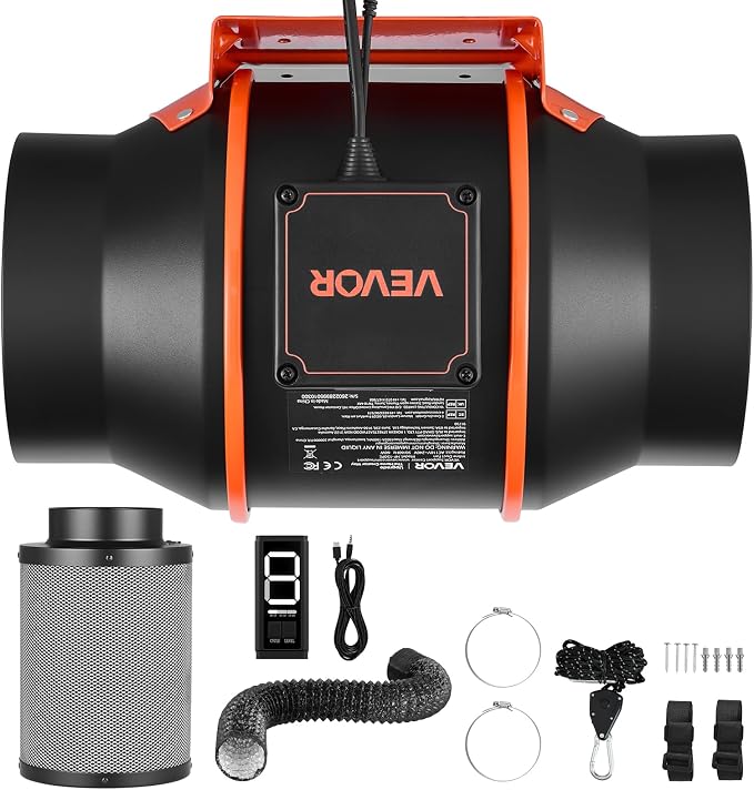 VEVOR Inline Duct Fan Kit with Carbon Filter, 402 CFM 6 inch EC Motor Ventilation Fan with 3-Speed Circulation, 10-Speed PWM Controller, Timer, Cooling for Grow Tents, Indoor Gardening, Hydroponics