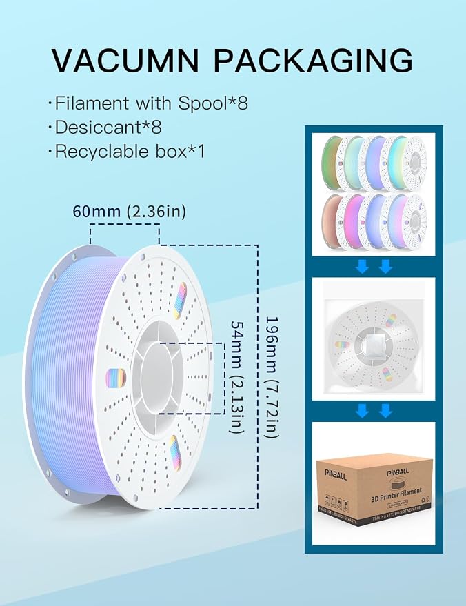 PINBALL Matte Rainbow PLA 3D Printer Filament 1.75mm Multi-Color Changing Filament 3D Printing PLA Filament Dimensional Accuracy +/- 0.02mm 8 KG 8 Colors