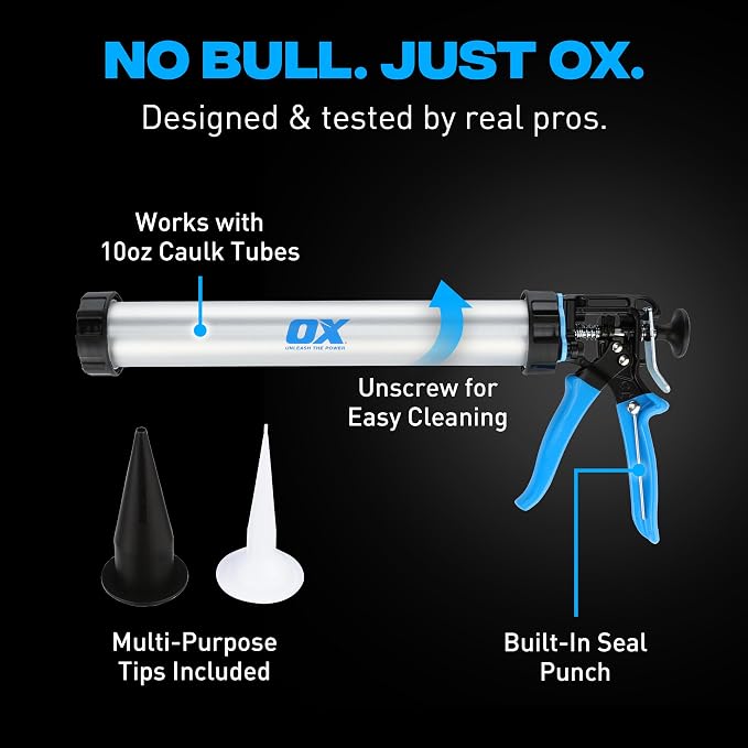 OX Professional Sausage Caulk Gun - Heavy Duty Caulking Gun with 24:1 Thrust Ratio Sausage Guns for High Viscosity Materials - Pistola De Calafateo