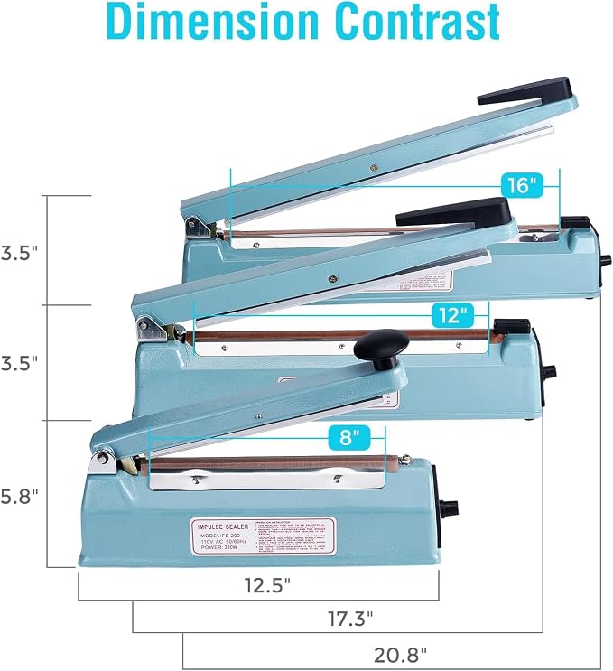 METRONIC Impulse Sealer 8 inch, Manual Heat Sealer Machine for Plastic Bags, Shrink Wrap Bag Sealers Heavy Duty Sealing Machine With Repair Kit (Blue)