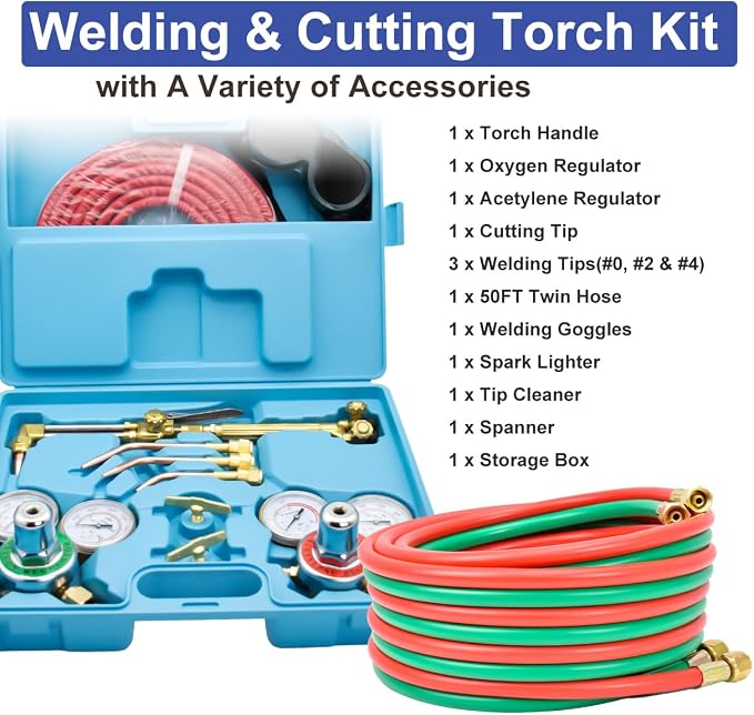Cutting Torch Set Oxy Acetylene Torch Kit,Portable Gas Cutting Torch and Welding Kit with 50FT Welding Hose,Acetylene Oxygen Gas Regulator, Welding Glasses Storage Case