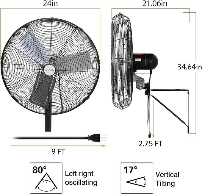 hykolity 6500 CFM 24 in. High Velocity Industrial Wall Fan, 3-Speed, Heavy Duty Wall Mount Oscillating Shop Fan for Commercial, Warehouse, Garage, Workshops, Factory and Jobsites- UL Listed