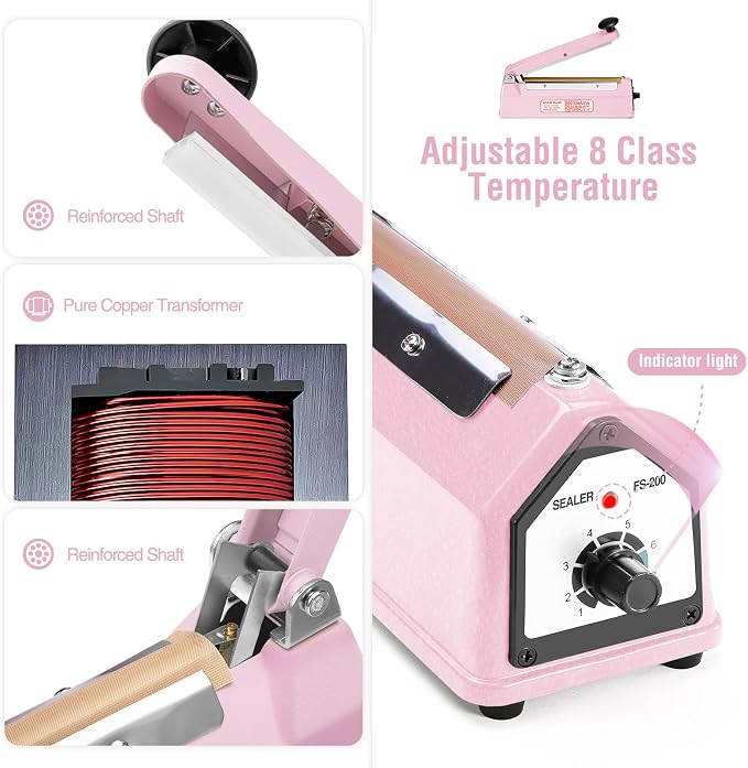 METRONIC Impulse Sealer 8 inch, Manual Heat Sealer Machine for Plastic Bags, Shrink Wrap Bag Sealers Heavy Duty Sealing Machine with Repair Kit (Pink)