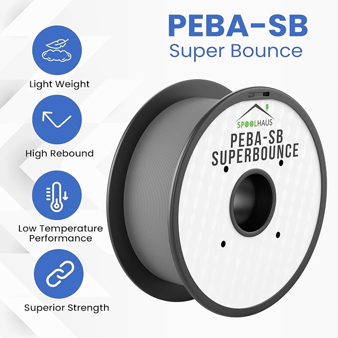 PEBA Filament 1.75mm Full 1kg SpoolHaus Super Bounce | High Rebound Flexible Filament | The Super TPU 78% Energy Return | Bouncy Airless Basketball 3D Printer Filament Lightweight Grey 1kg