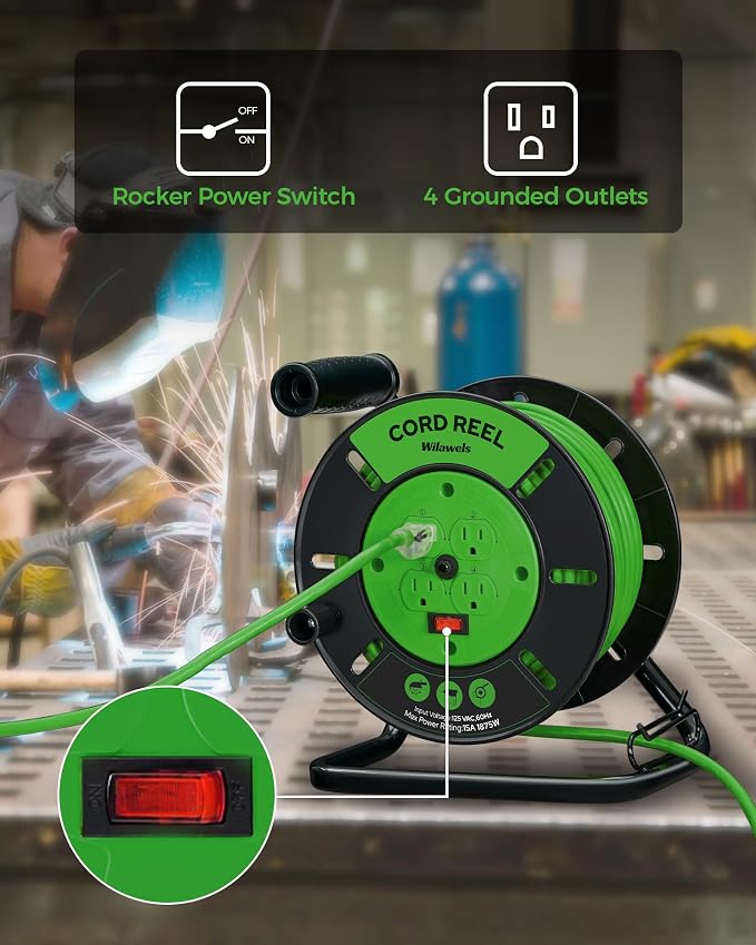 18W LED Work Light and Extension Cord Storage Reel with 4-Grounded Outlets Bundle, for Garage, Workshop, Car Repair Scene, ETL Listed J04WL06-J95CR06