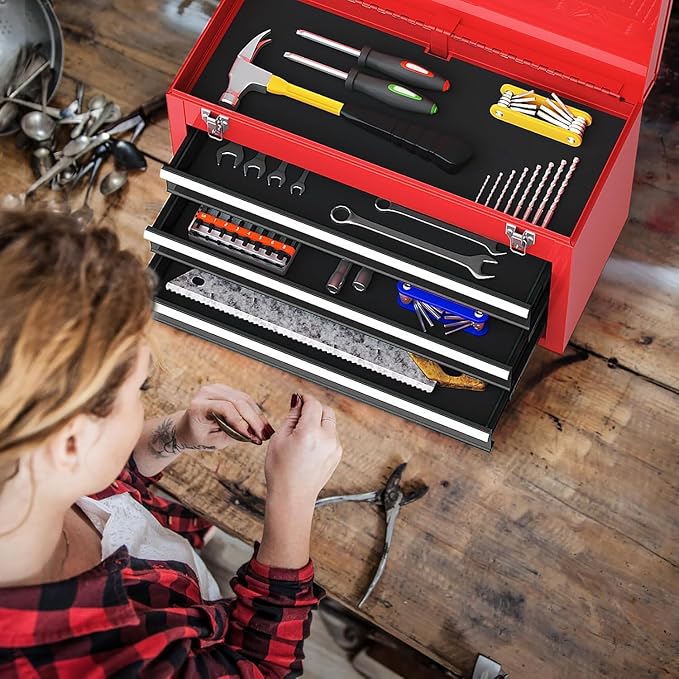 ERGOMASTER Portable Tool Box, Metal Tool Box with 3 Drawers, Lockable Heavy Duty Tool Chest Storage Toolbox for Garage, Workshop(Black+Red)