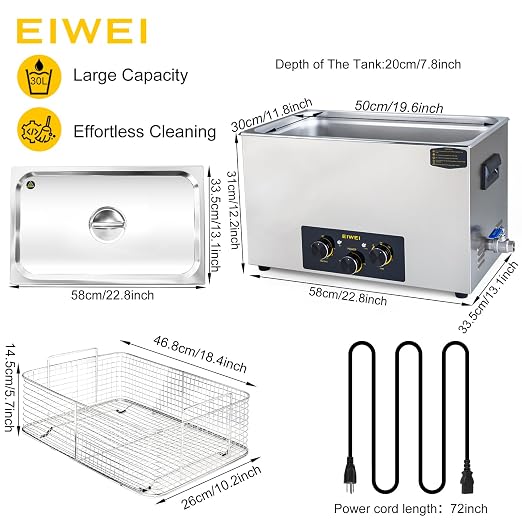 30L Ultrasonic Cleaner Professional Power-Adjustable Knob Jewelry Cleaning Machine with Heater Timer for Carburetor, Jewelry, Glasses, Dentures, Circuit Boards, Automotive Parts