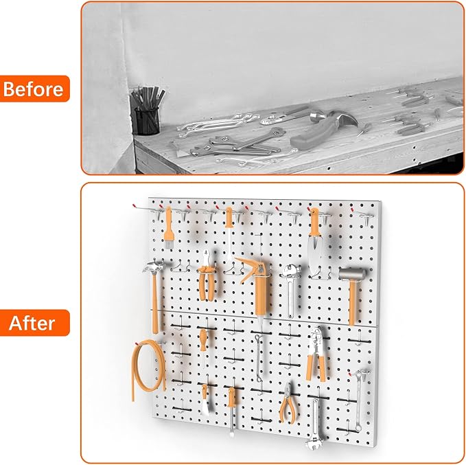 TORACK Metal Pegboard Wall Tool Organizer 24" x 24" or 12" x 48", 70 PCS Tools Storage Pegboard for Garage Peg Board Tool Organizer Board with Hooks for Workbench(Grey)