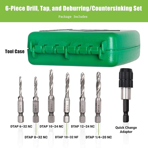 DTAPKIT Metal Drill/Tap Kit for Greenlee,6-Piece Drill, Tap, and Deburring/Countersinking Set with Quick Change Adaptor,6-32 - 1/4-20 Drill and Tap Set