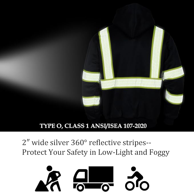 VENDACE Men's ANSI Class 3 High Vis Safety Reflective Sweatshirt Wool Fleece Zipper Jacket Hoodie with Black Bottom(Black,XL)