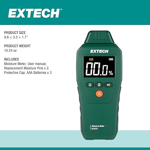 Extech MO50 Compact Pin Moisture Meter with High Contrast LCD & Backlight - Digital Dampness Detector for Wood, Drywall, Concrete, Water Damage Inspection & Building Materials with Audible Alert