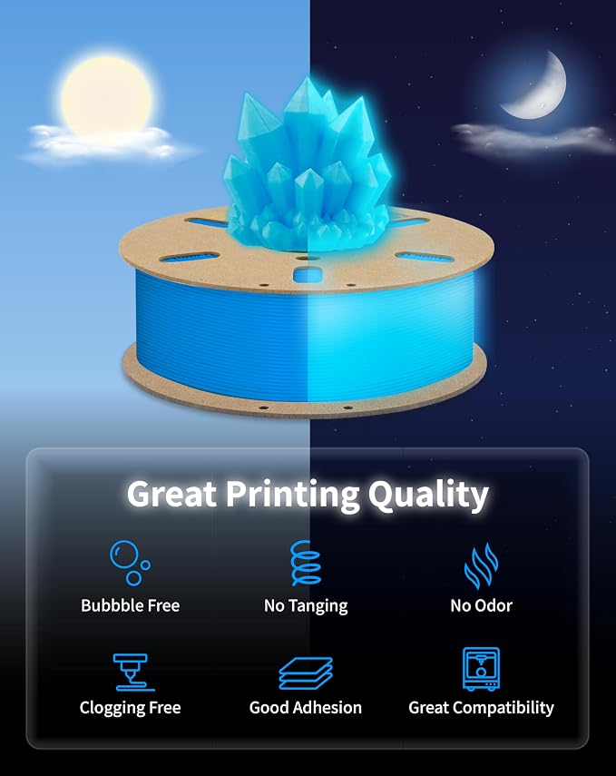 DURAMIC 3D PLA Glow in The Dark Filament Luminous Neatly Wound 1.75mm 1Kg | 3D Printing Filament 1.75mm Dimensional Accuracy +/- 0.02 mm, Fit Most FDM 3D Printers Blue to Glow Blue