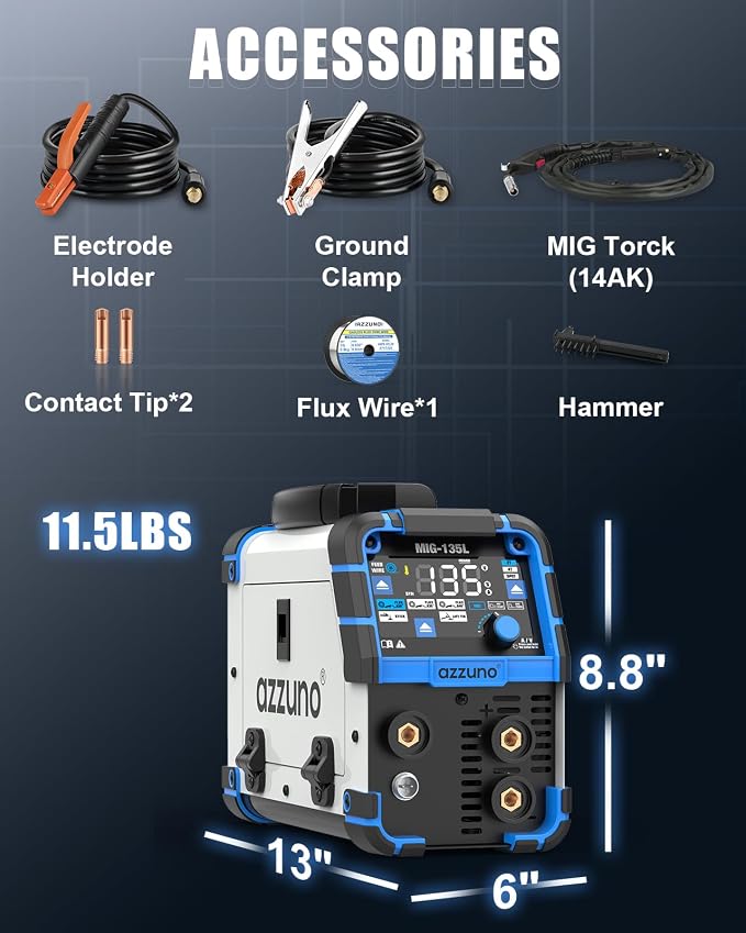 AZZUNO 135A MIG Welder& Welding Helmet Auto Darkening with True Color Large Viewing, 110V 3 in 1 Gasless Flux Core MIG Welder/Lift TIG/Stick Welding Machine, Wire Feed Welder with Synergic Control