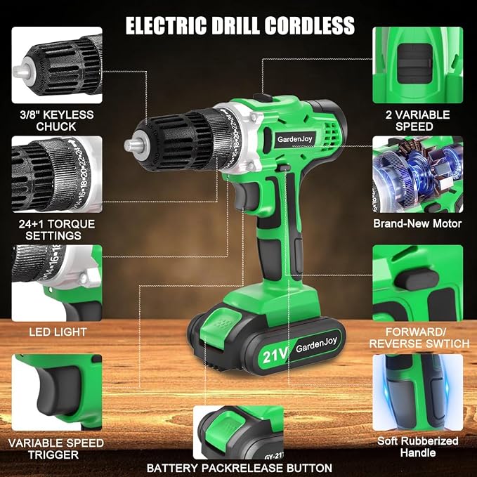 21V Power Drill Cordless Tool Kit Set, Electric Screwdriver Cordless Drill with 2 Battery and Charger for Men Home, 3/8-Inch Keyless Chuck, Variable Speed, 24+1 Torque Setting with LED(green)